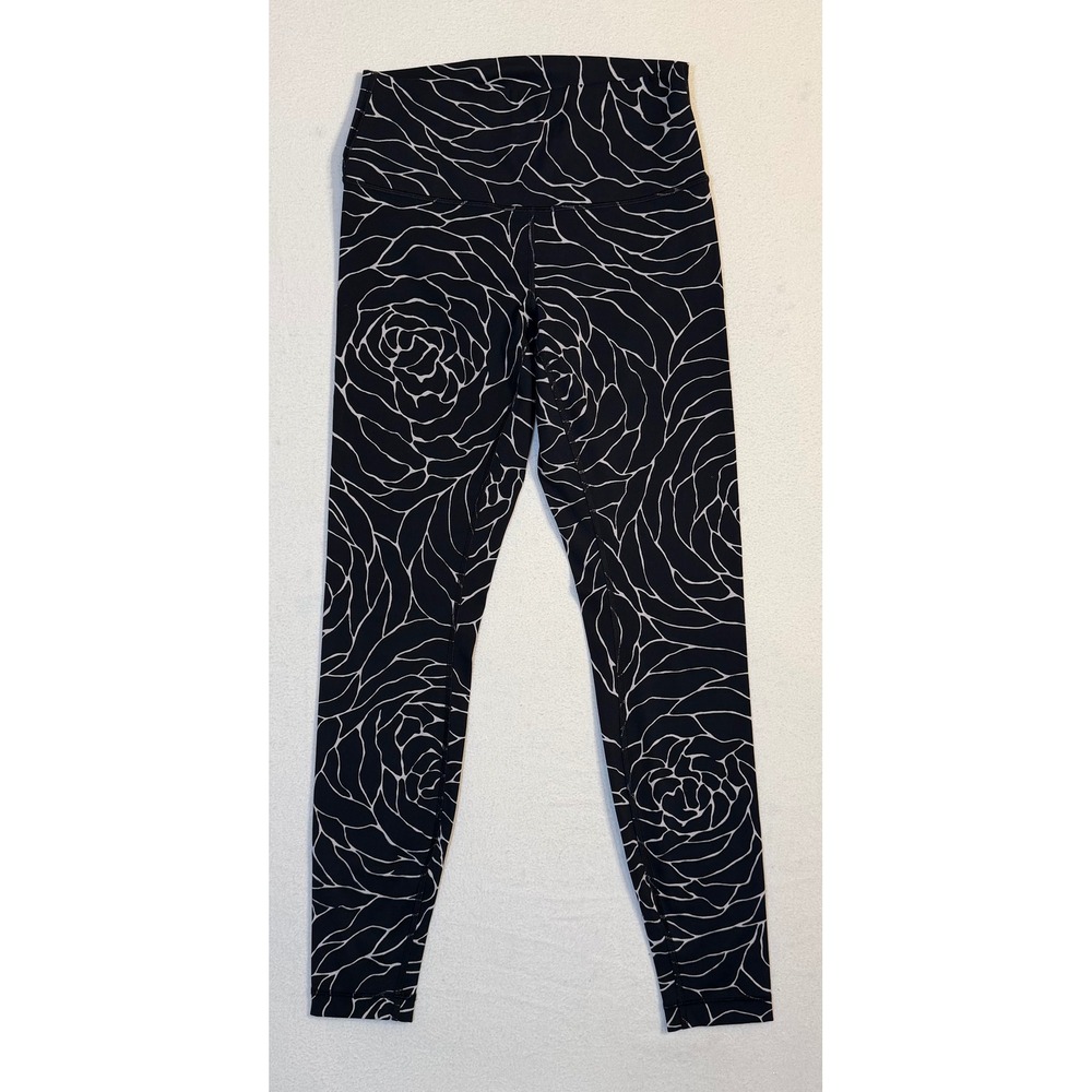 Lululemon High Rise Leggings Black White Rose Floral Print Yoga Pants 28 Inseam